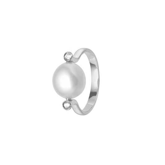 Ring, Barok perle Ø10mm, 2 CZ, sølv