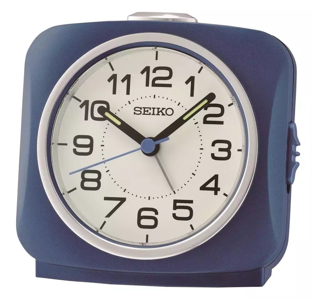 Seiko vækkeur med lys, snooze og lydløs sekundviser - blå - 9,5 x 9,4 x 6,6 cm - Urma.dk