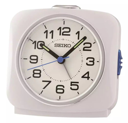 Seiko vækkeur med lys, snooze og lydløs sekundviser - Hvid - 9,5 x 9,4 x 6,6 cm - Urma.dk