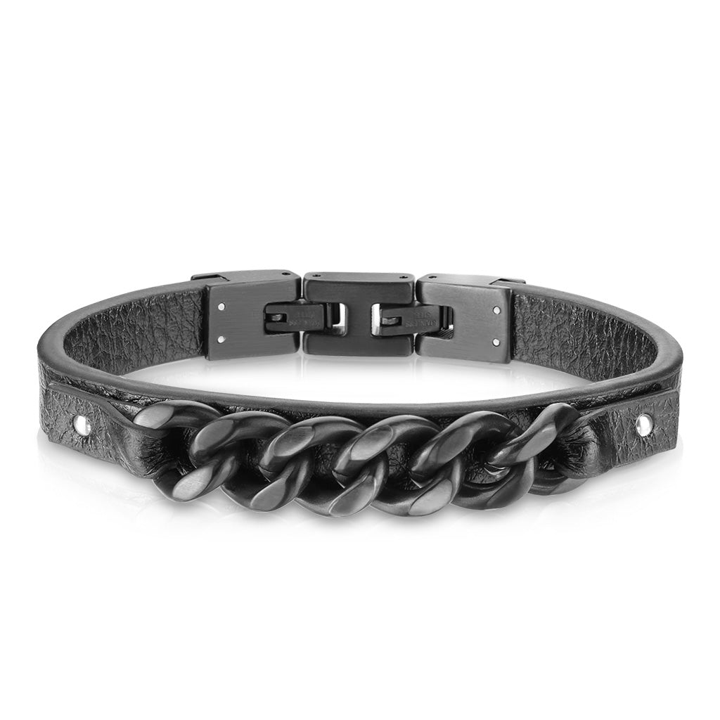 Armbånd i læder med sort kæde 19-20 cm