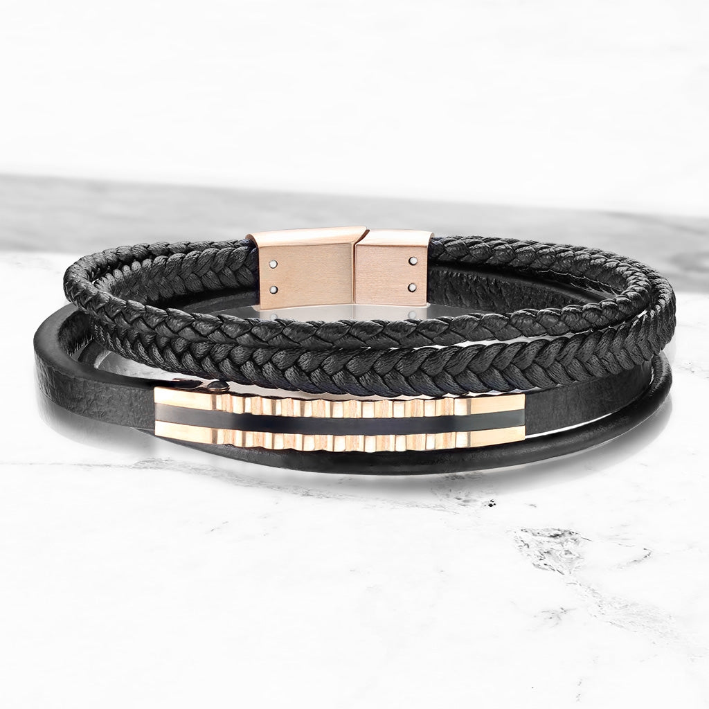 Herrearmbånd i læder med rosa stål 21 cm