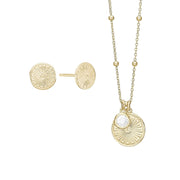Smykkesæt sølv forgyldt halskæde med ved og ørestikker - Sunshine coin. - Urma.dk