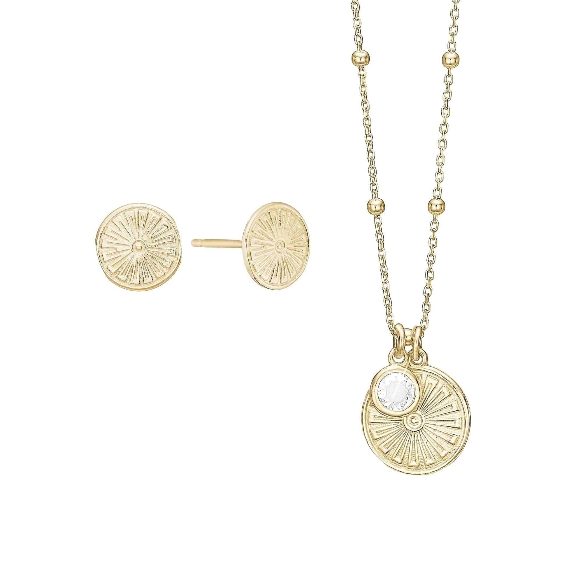 Smykkesæt sølv forgyldt halskæde med ved og ørestikker - Sunshine coin. - Urma.dk