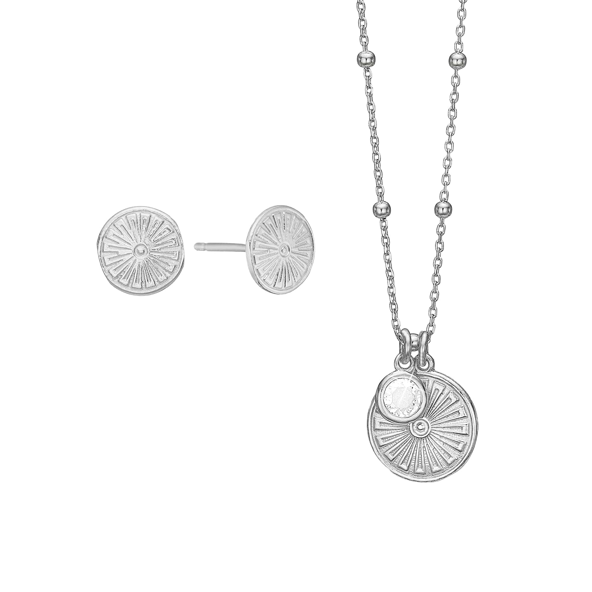 Smykkesæt sølv halskæde med vedhæng og ørestikker - Sunshine coin. - Urma.dk