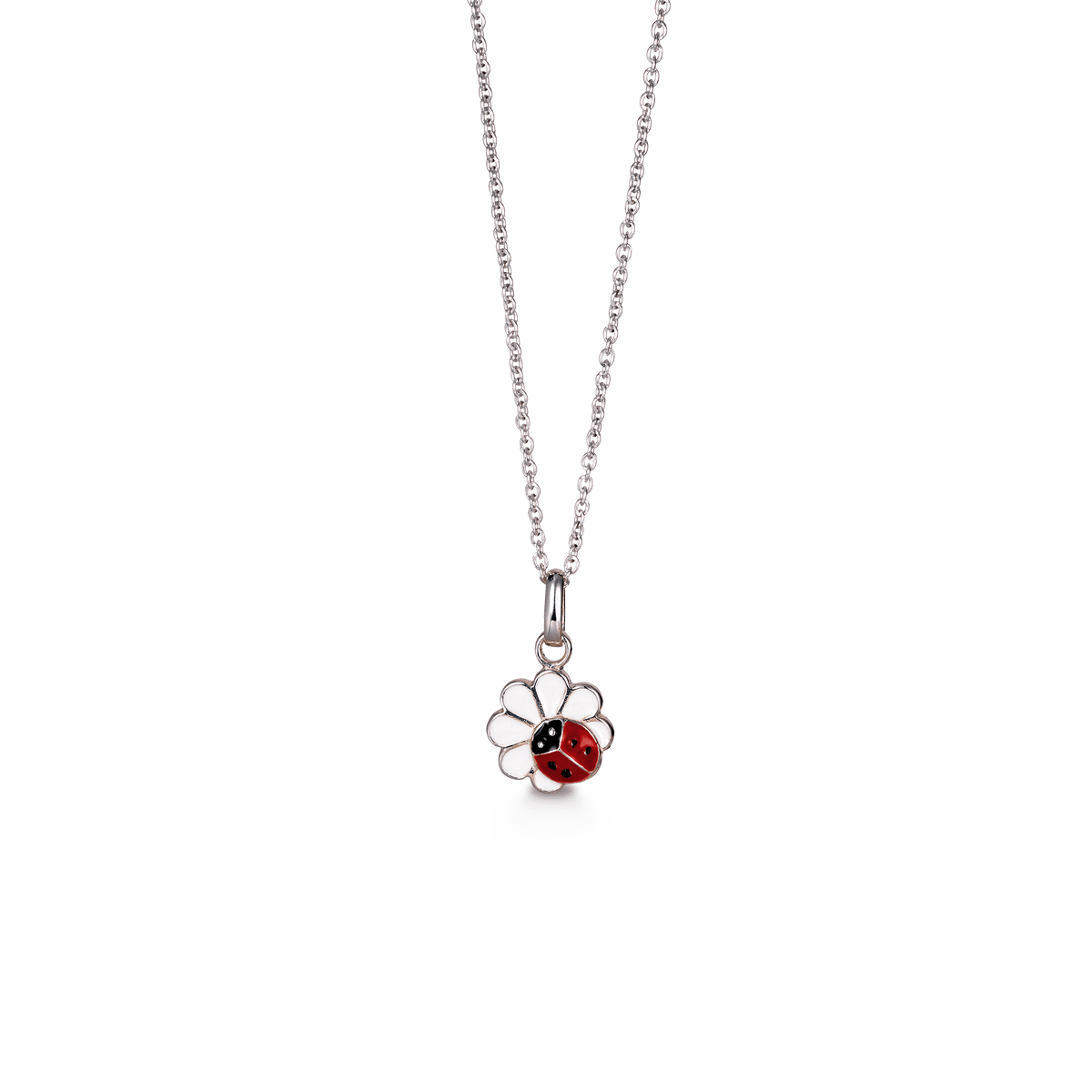 SØLV COLLIER M/EMALJE BLOMST/MARIEHØNE