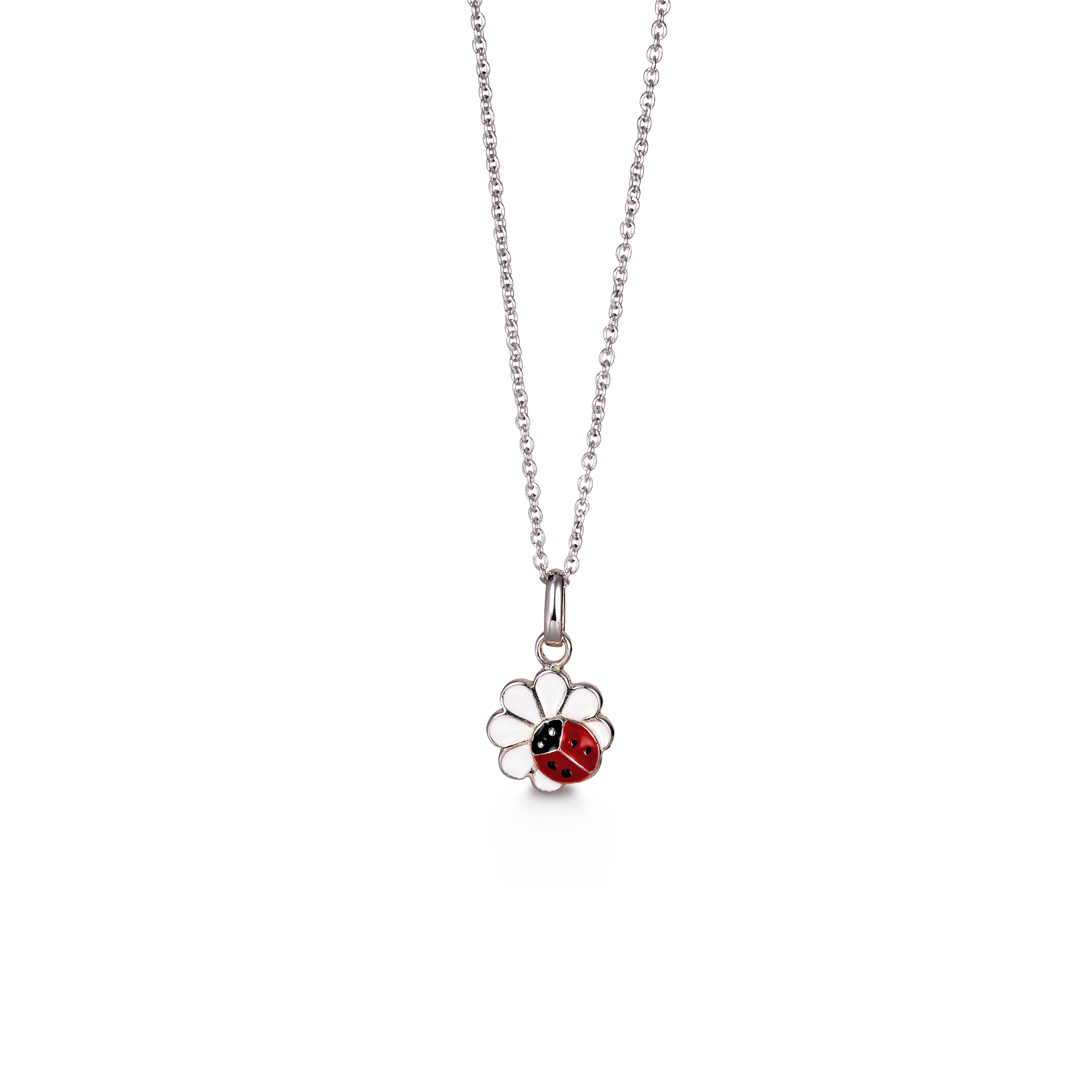 SØLV COLLIER M/EMALJE BLOMST/MARIEHØNE