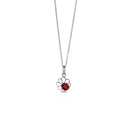 SØLV COLLIER M/EMALJE BLOMST/MARIEHØNE