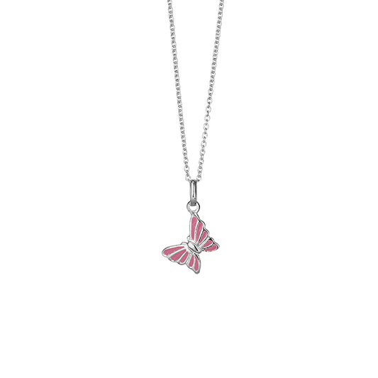 SØLV COLLIER M/EMALJE PINK SOMMERFUGL