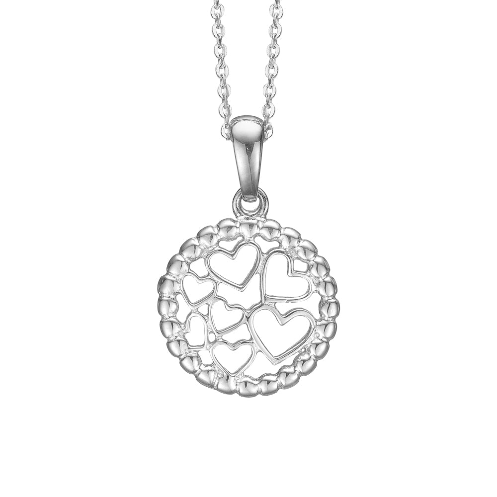 Sølv halskæde med vedhæng med små hjerter i cirkel Ø14 mm - Urma.dk