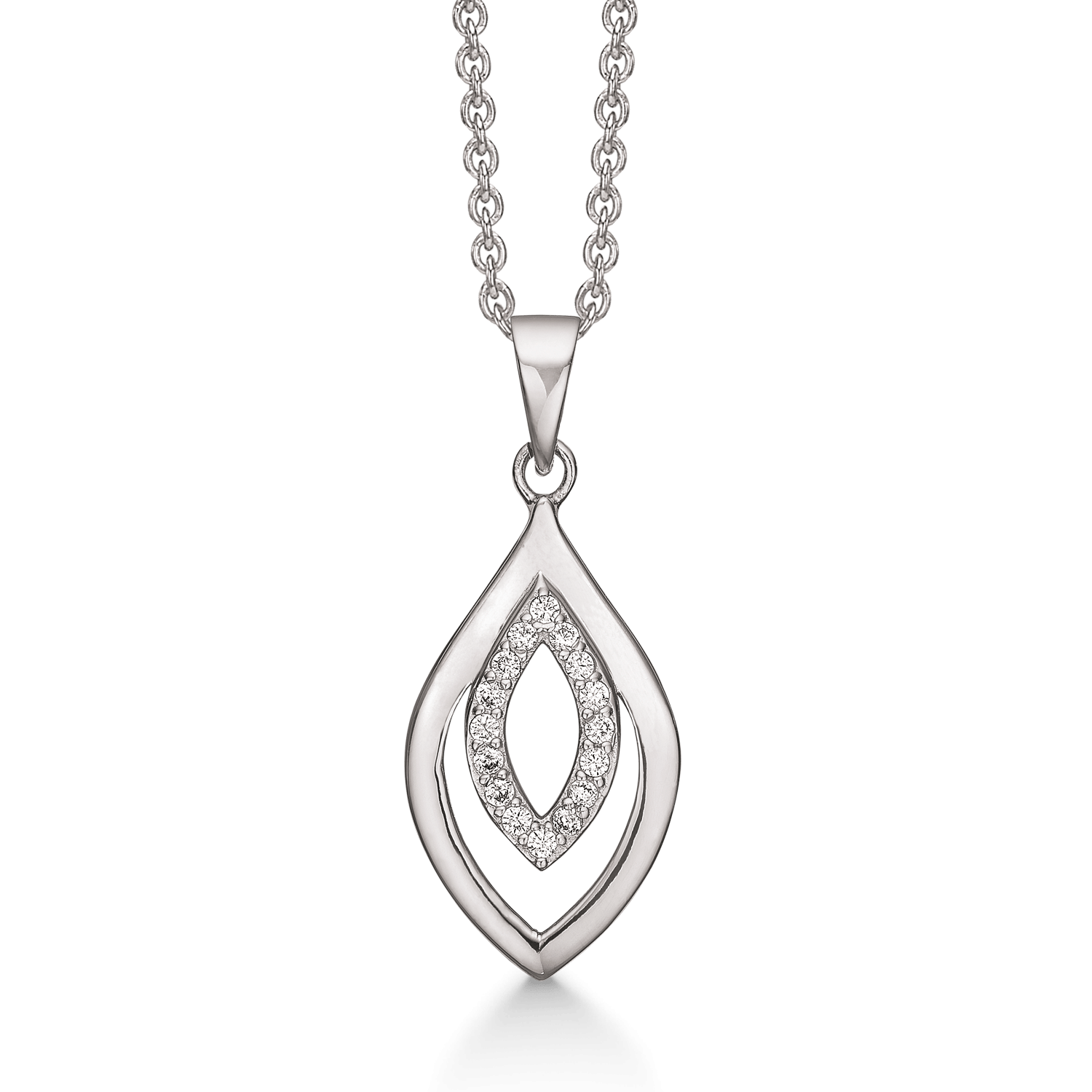 Sølv halskæde rhodineret dobbelt dråbe med syntetiske cubic zirconia i den lille dråbe. - Urma.dk