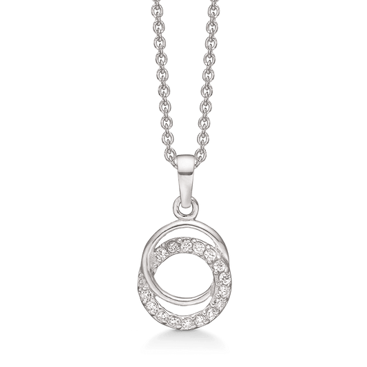 Sølv halskæde rhodineret flettet cirkler den ene med syntetisk cubic zirconia i kanten og den anden blank. - Urma.dk