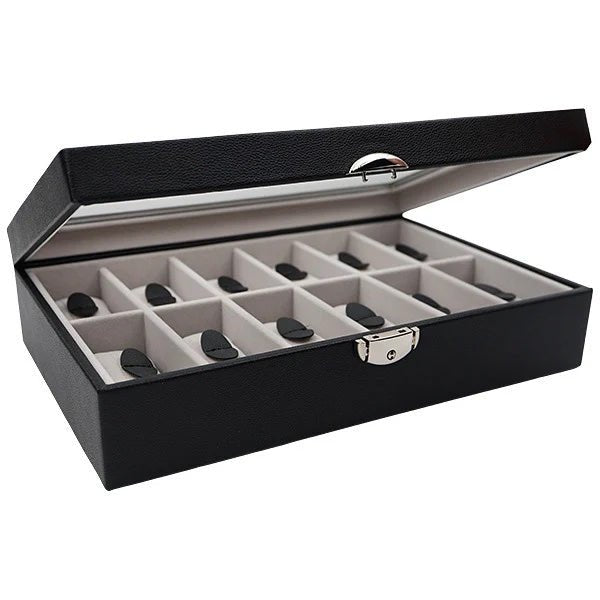 Ur opbevaringsskrin til 12 ure, sort kunstskind og grå velour - Urma.dk