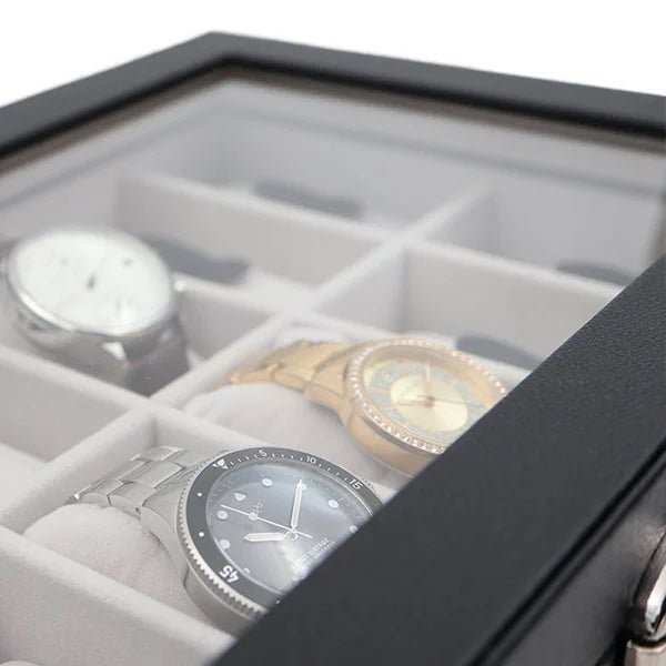 Ur opbevaringsskrin til 12 ure, sort kunstskind og grå velour - Urma.dk