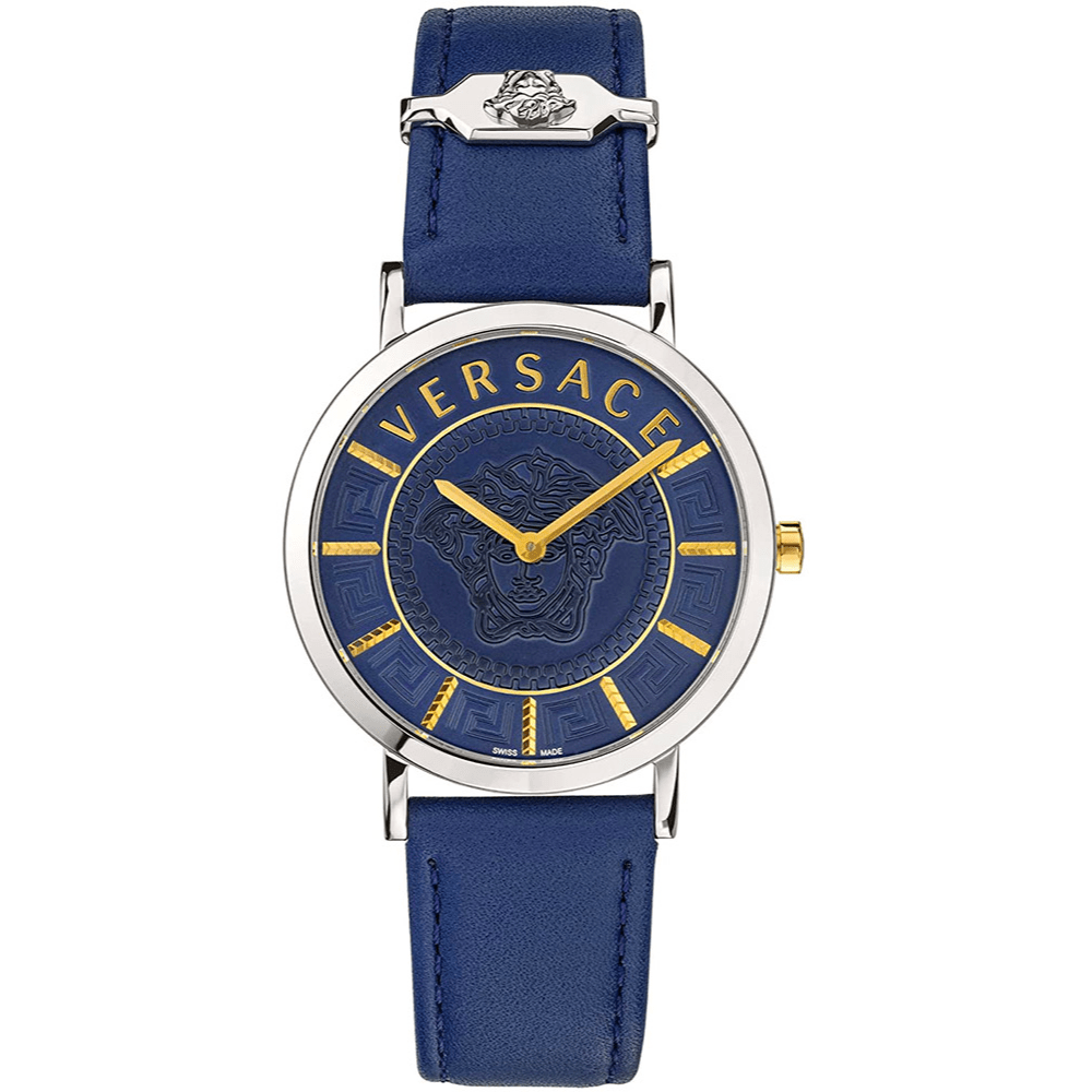 Versace Dame Rustfrit Stål Sølvgrå Blå Læder Ur VEK400121 - Urma.dk