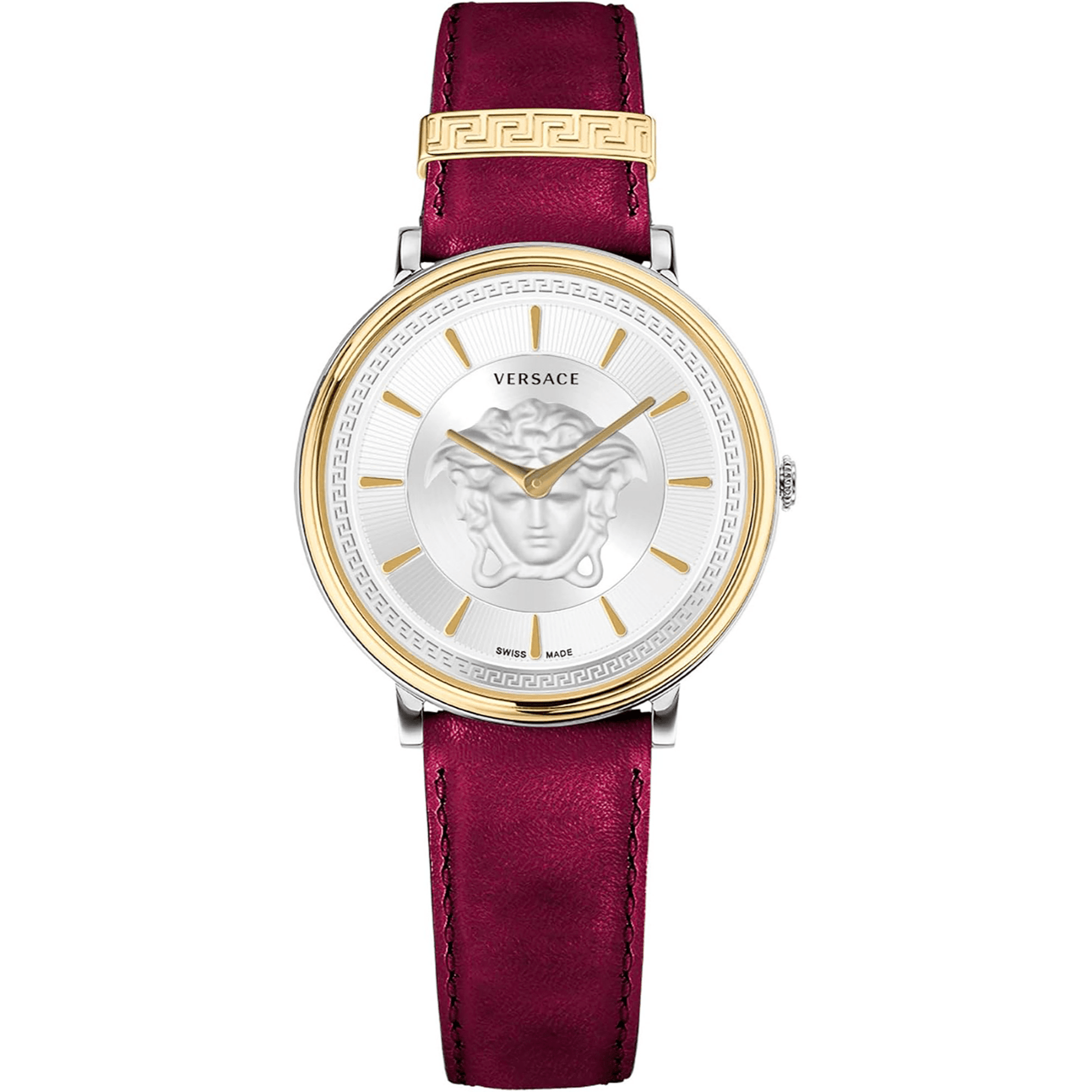 Versace Dame Rustfrit Stål Sølvgrå Guld Rød Læder Ur VE8101819 - Urma.dk
