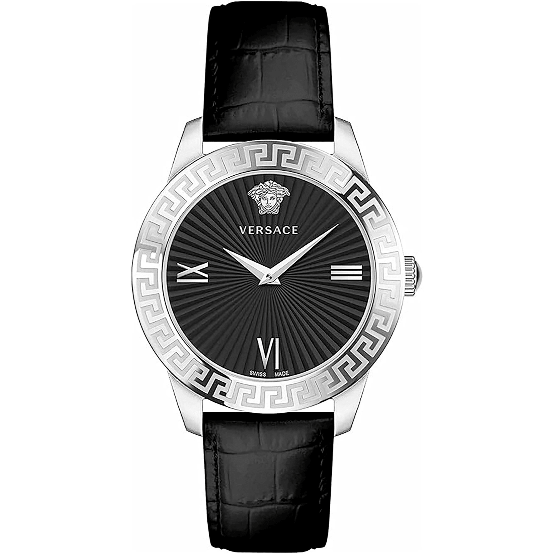 Versace Dame Rustfrit Stål Sølvgrå Sort Læder Ur VEVC00821 - Urma.dk